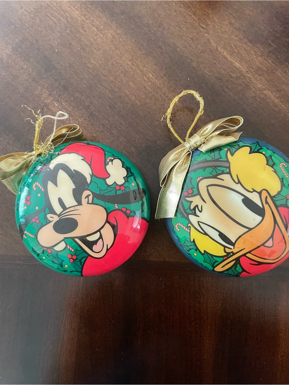 Vintage Disney Goofy & Donald Round Holiday Ornaments - Green, Red, Yellow, Gold